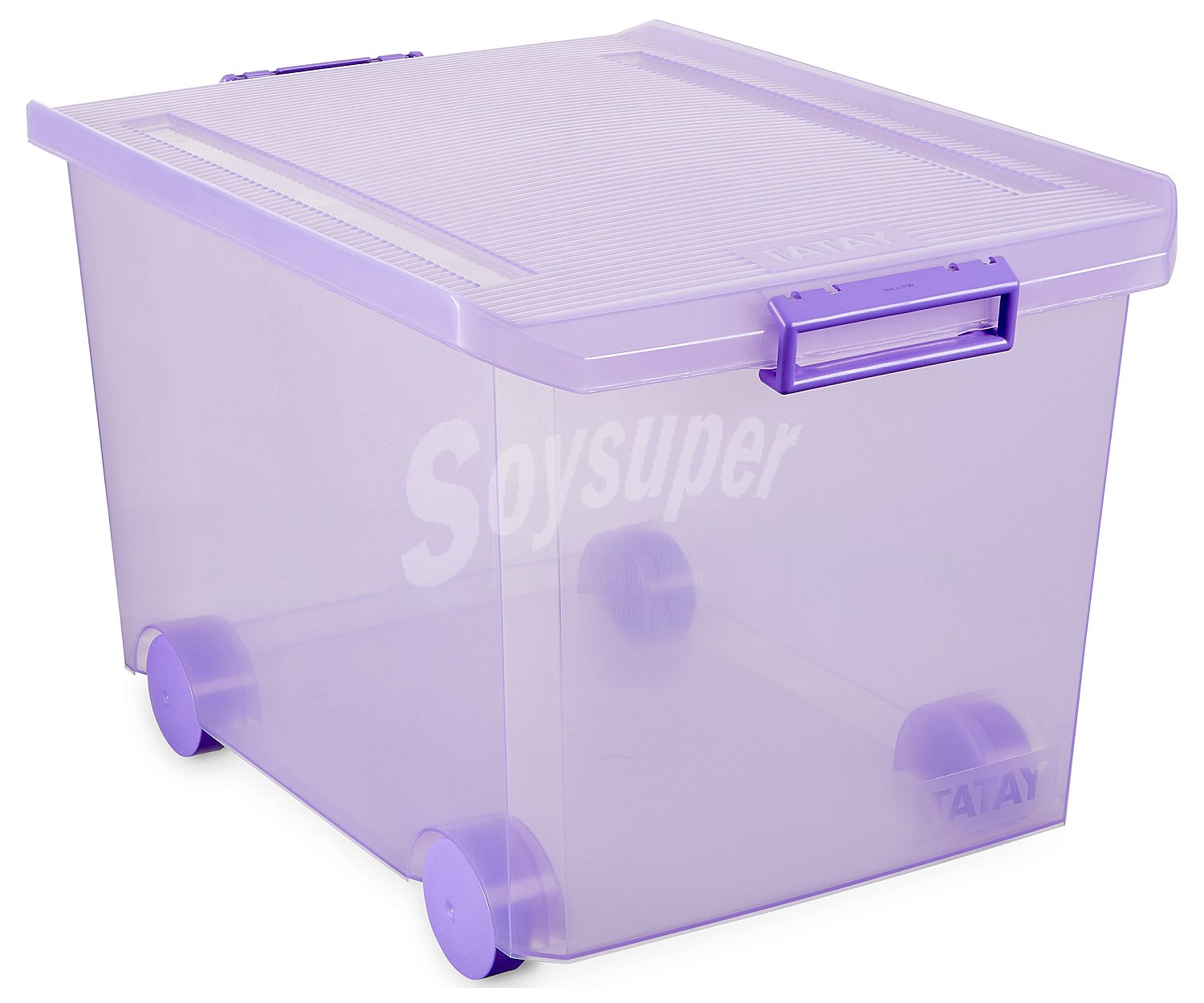 Caja multiusos con ruedas y tapa, 60 litros, color morado translúcido