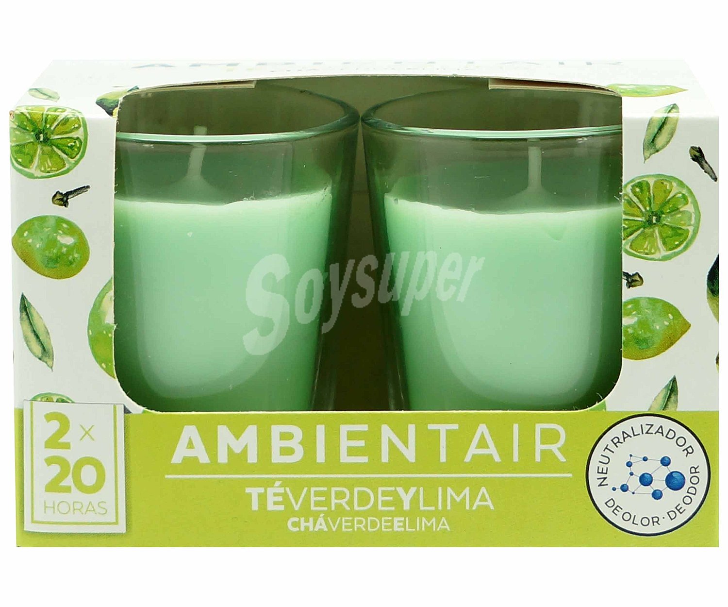 Velas aromáticas pack 2 x 60 g. TÉ verde Y lima, ambientair.