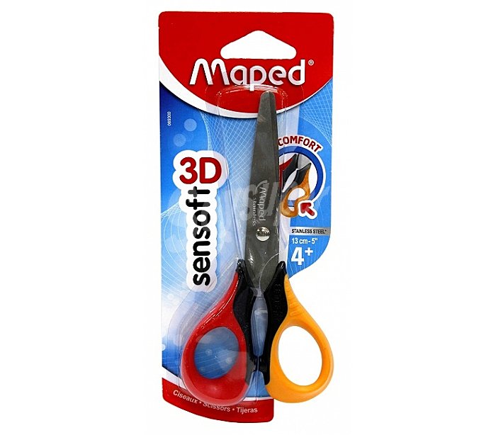 Tijera escolar con hojas de 13 cm, ergonomia 3D y mangos flexibles maped Sensoft 3D