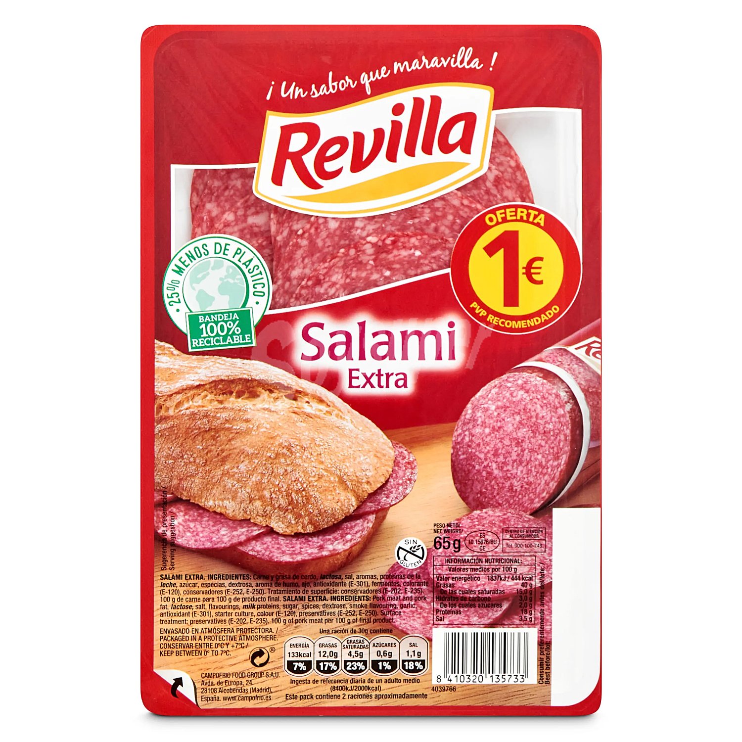 Salami de categoria extra cortado en lonchas y elaborado sin gluten revilla