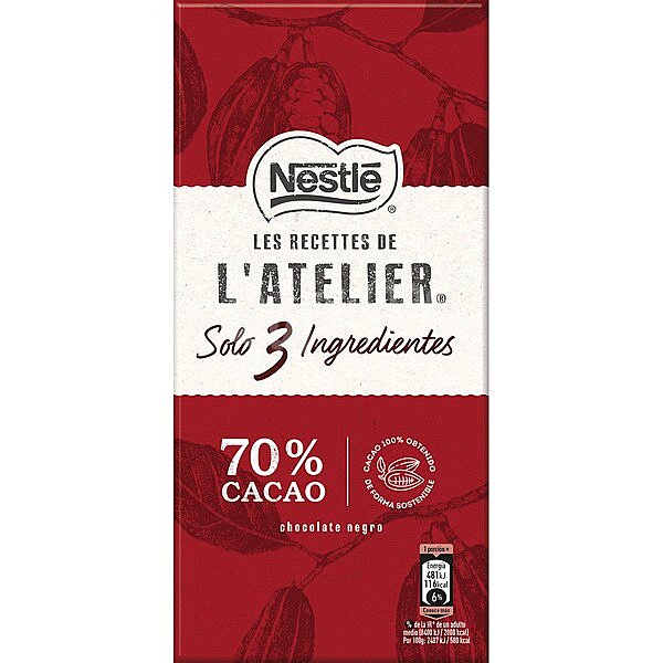 Chocolate negro 70% cacao solo 3 ingredientes