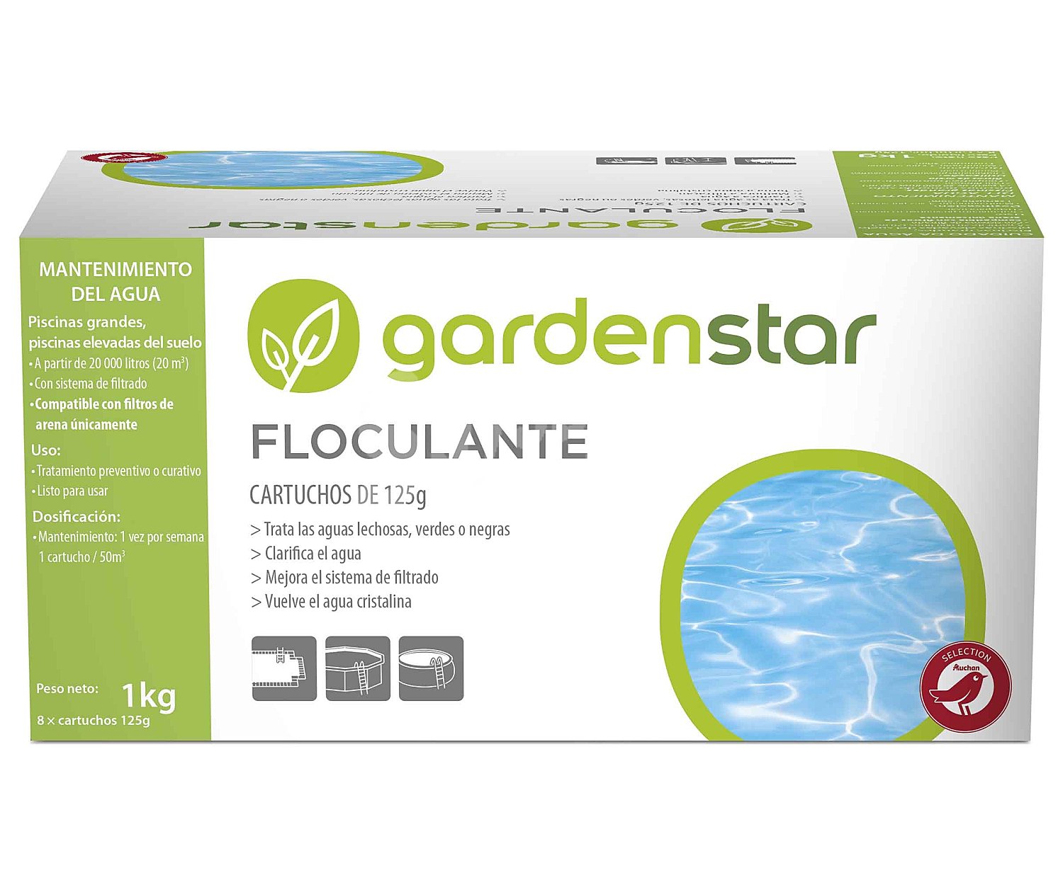 Floculante en cartuchos 1KG en tabletas 125 grs. piscina,