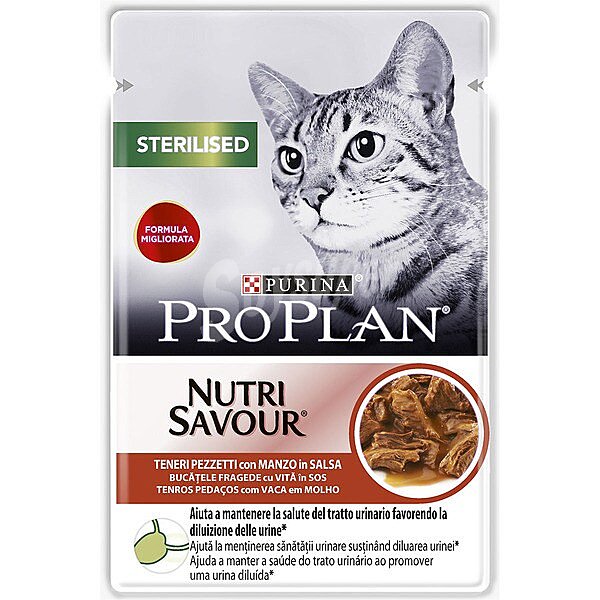 Nutri Savour Sterilised comida húmeda en salsa para gatos esterilizados con buey