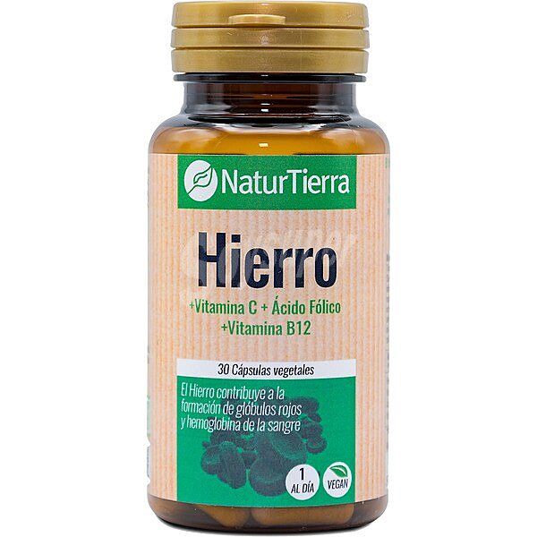 Hierro con vitamina C, ácido fólico, y vitamina B12 ápsulas vegetales