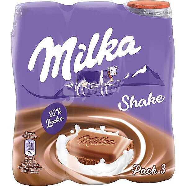 Shake batido de Chocolate con 92% de leche UHT pack 3 botellas 188 ml