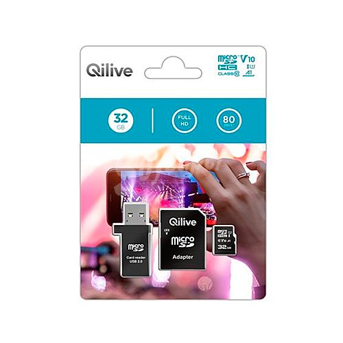 Tarjeta de memoria qilive 32GB microsdhc UHS-U1 V10, 80Mb/s, Clase 10 + Lector de tarjetas