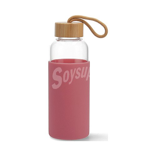 Botella de vidrio con funda de silicona color rosa y tapa de bambú quid