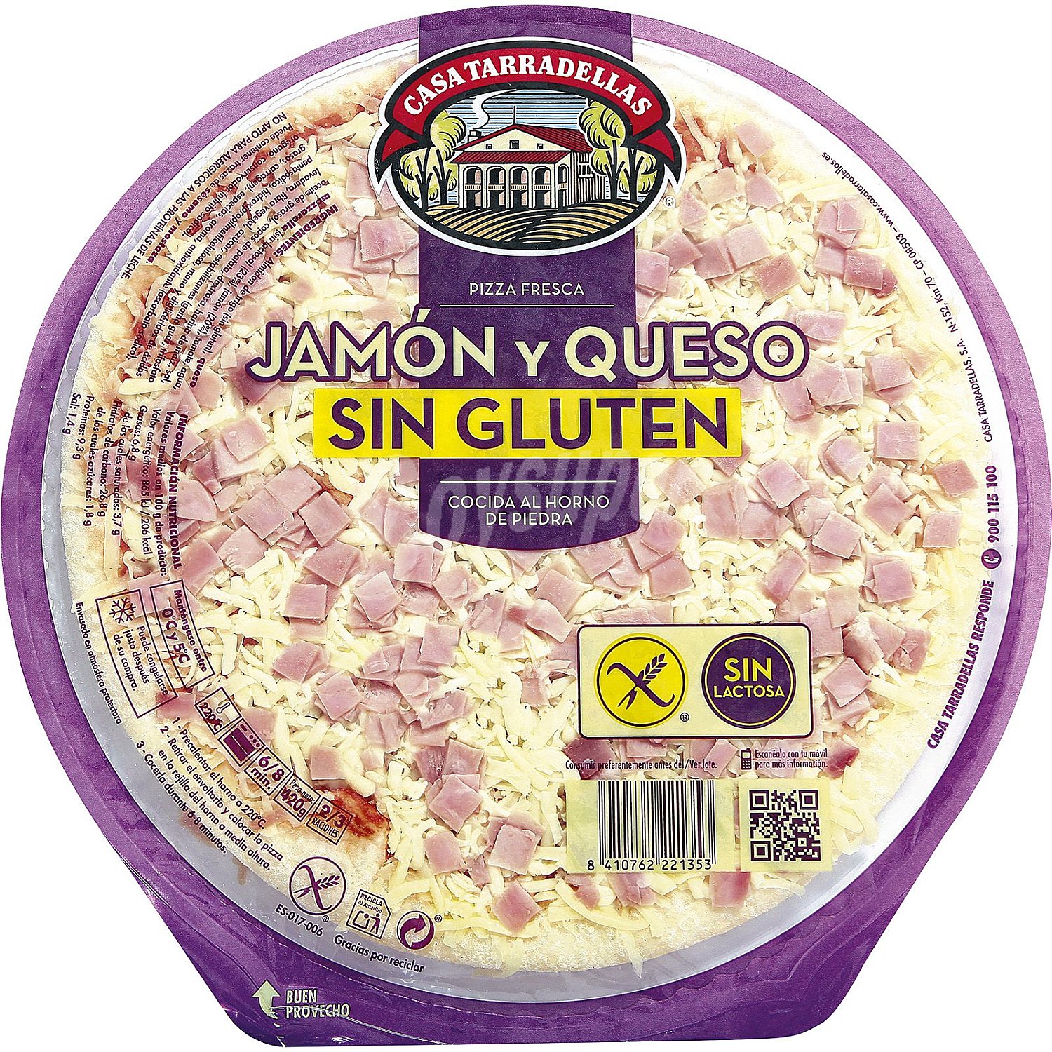 Pizza fresca de jamón y queso, elaborada sin gluten y sin lactosa