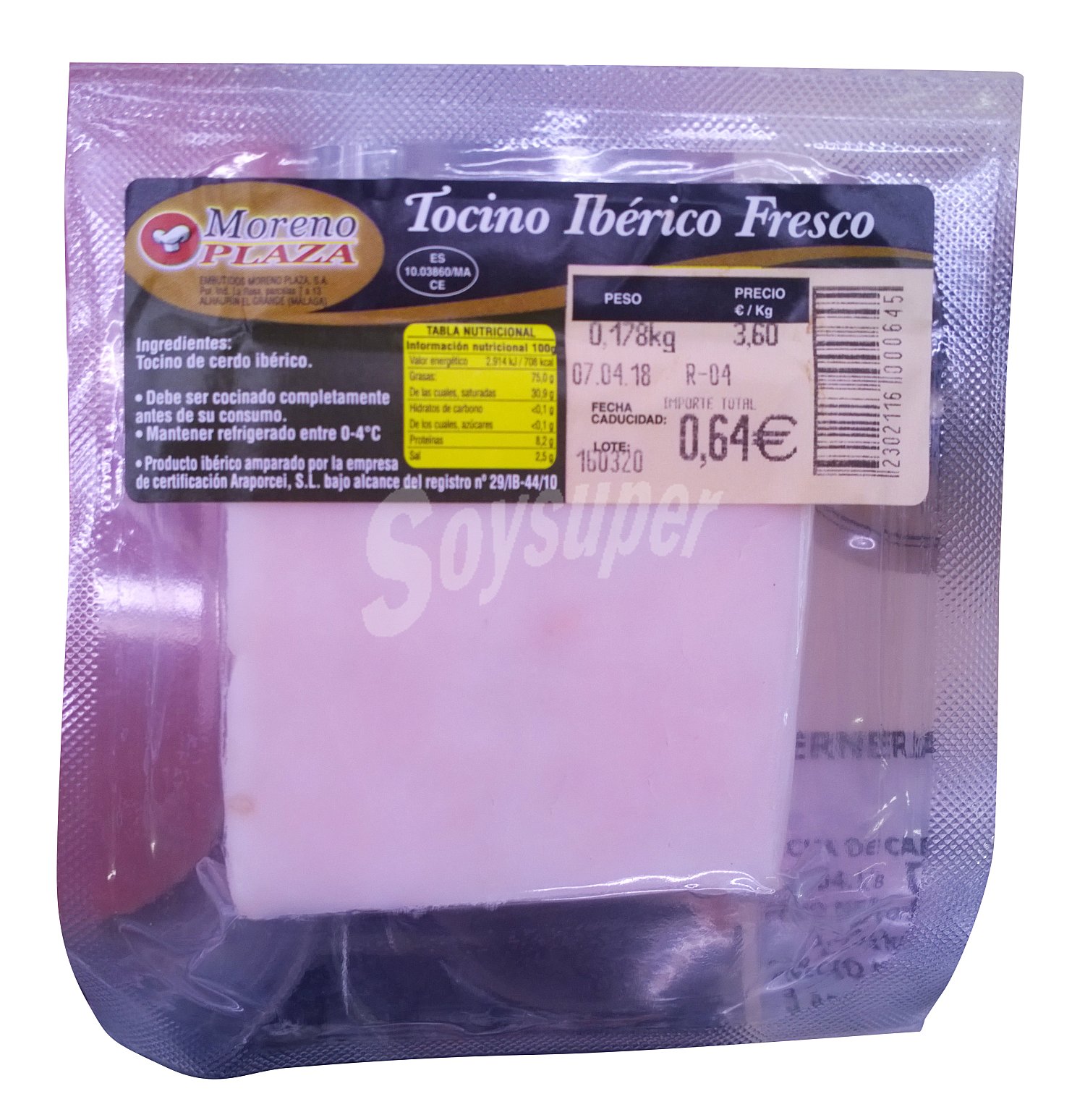 Cerdo tocino ibérico fresco