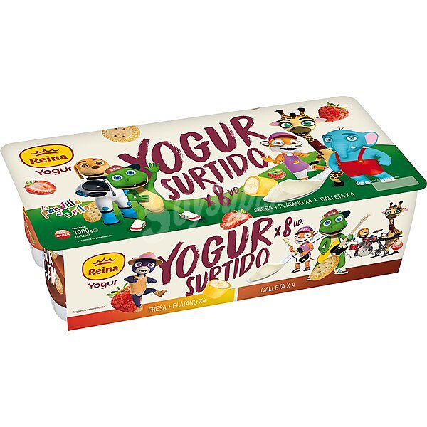 Yogur surtido 4 fresa + plátano y 4 de galleta sin gluten