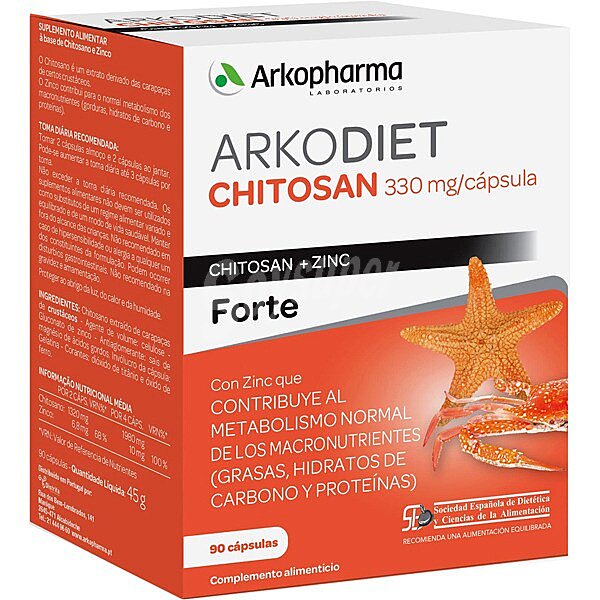 Arkodiet Chitosán Forte 330 mg/cápsula ápsulas contribuye al metabolismo normal de los macronutrientes