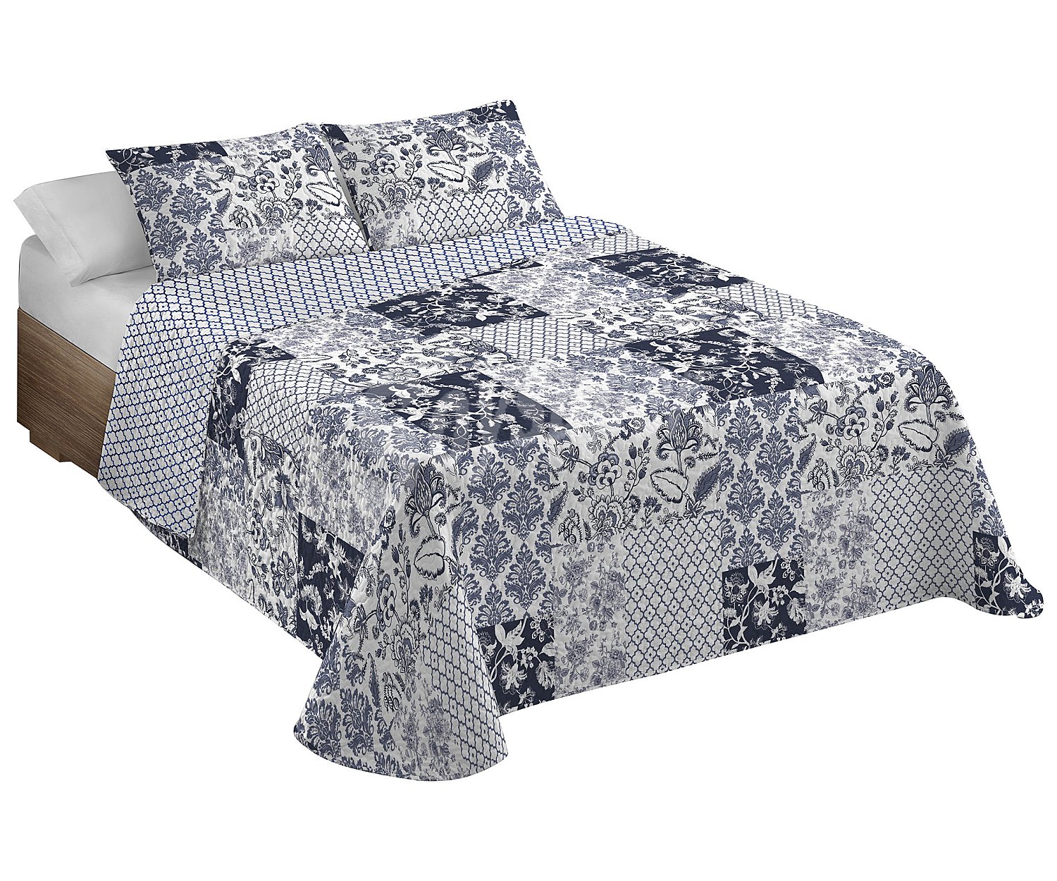 Colcha boutí para cama doble con diseño Patchwork en tonos azules, 100% microfibra,