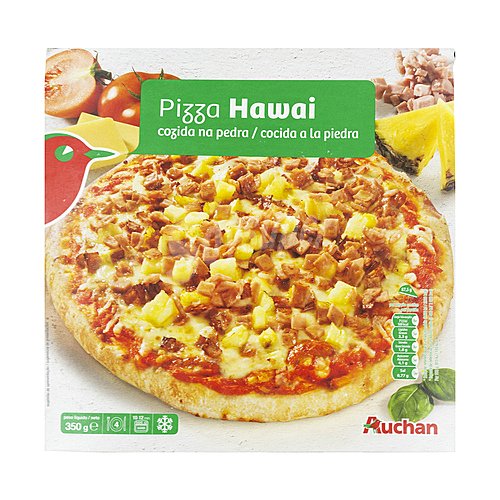 Producto alcampo Pizza congelada Hawai (queso, piña y jamón cocido), cocida a la piedra producto alcampo