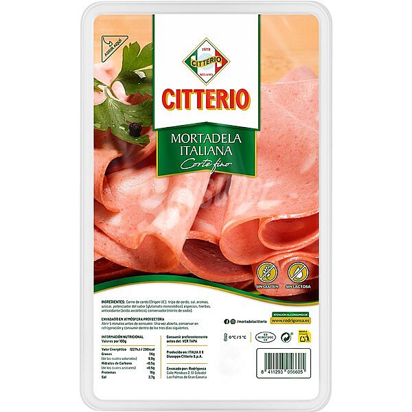 Mortadela italiana, sin gluten y sin lactosa, cortada en lonchas