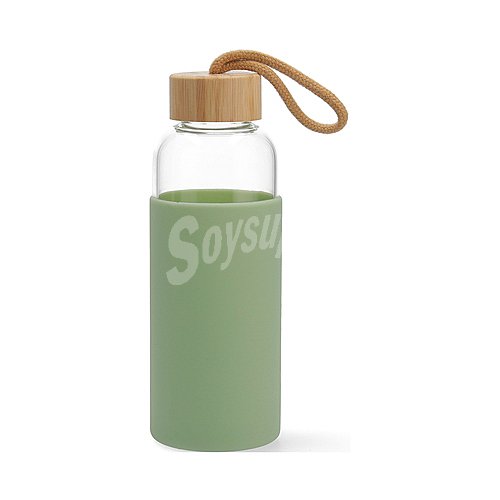 Botella de vidrio con funda de silicona color verde y tapa de bambú quid