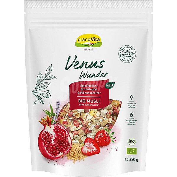 Venus Wunder muesli ecológico con copos de soja, granada y fresas