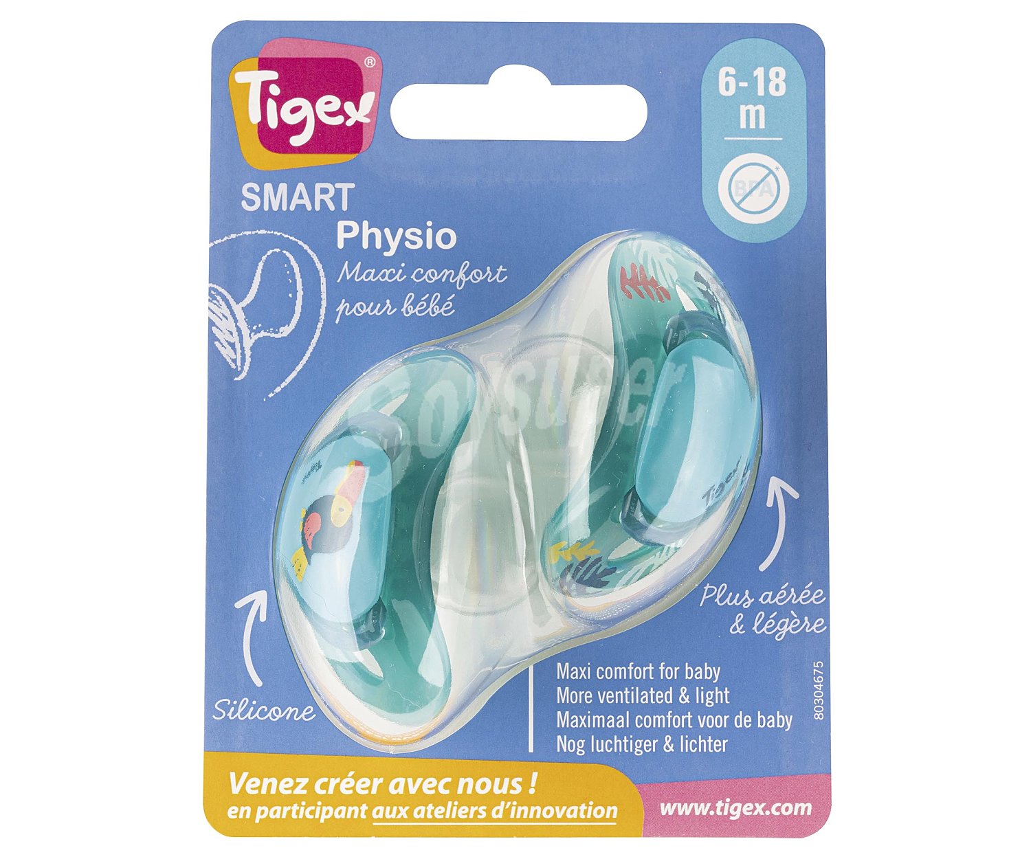 Pack 2 chupetes fisiológicos de silicona para bebes entre 6 y 18 meses, color azul, tigex.