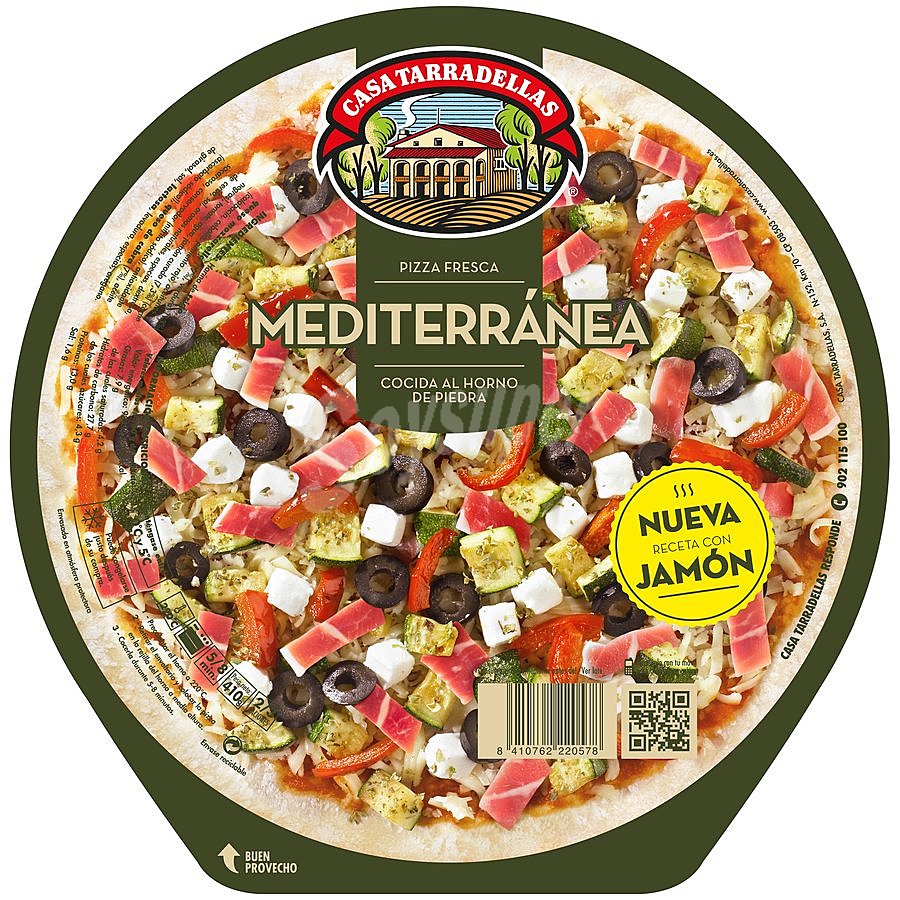 Pizza fresca mediterránea con jamón, cocida al horno de piedra