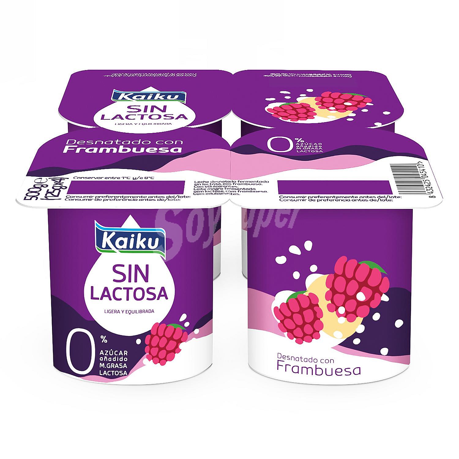 Yogur desnatado 0% materia grasa, sin lactosa ni azúcares añadidos, con frambuesas