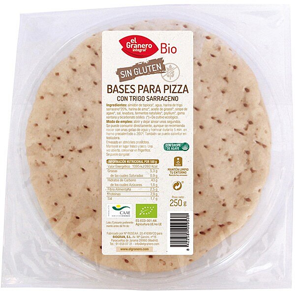 Bases para pizza ecológicas con trigo sarraceno y sin gluten envase 250 g