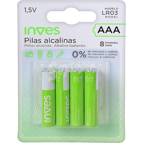 Pila alcalina AAA(LR03) 1,5 voltios 0% mercurio y cadmio blister 8 unidades