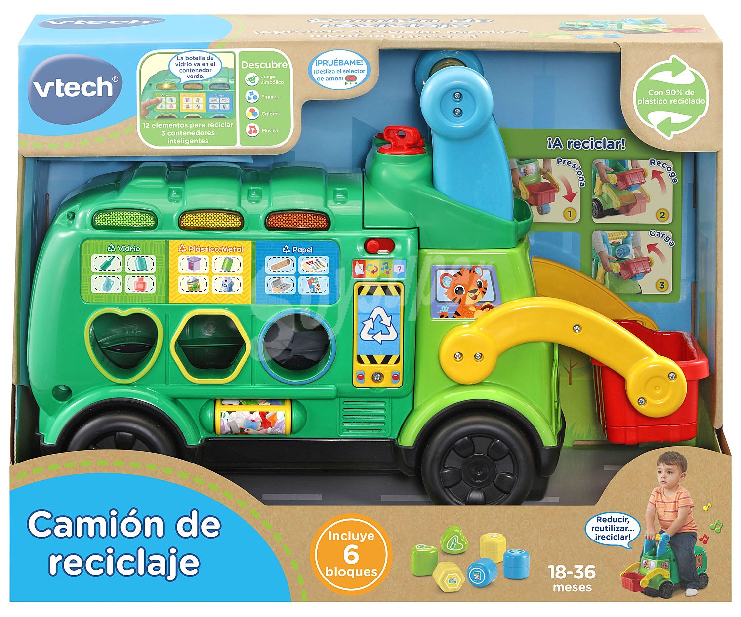 Camión de reciclaje con 4 juegos, canciones, efectos y desafíos, vtech.