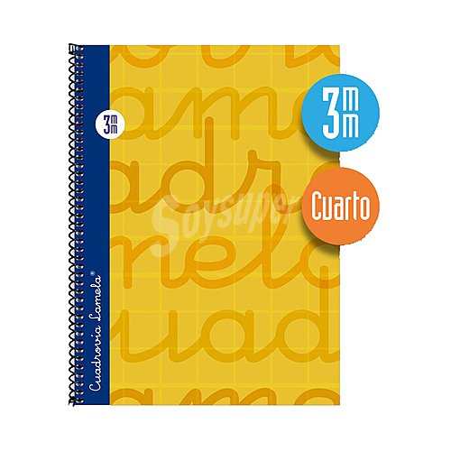 Cuaderno de espiral tamaño cuarto con 80 hojas de cuadrovía 3mm. Cubierta extra dura color amarillo. editorial lamela