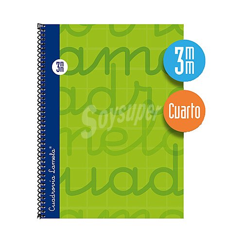 Cuaderno de espiral tamaño cuarto con 80 hojas de cuadrovía 3mm. Cubierta extra dura color verde. editorial lamela