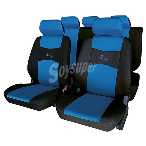 Juego de fundas para asientos de automóvil, modelo Imola, de talla única y fabricadas en poliester de color negro con respaldos y reposacabezas en azul erma