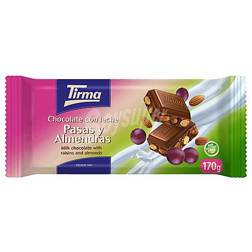 Tirma Tableta de chocolate con leche con almendras enteras y pasas, sin gluten tirma