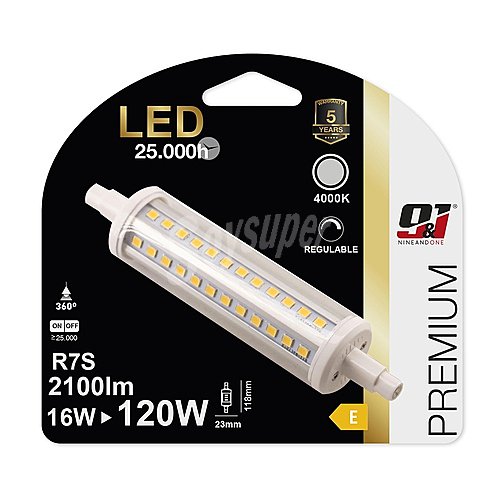 Bombilla Led R7S, 16W=120W, luz neutra , 118mm, regulable, nine&one