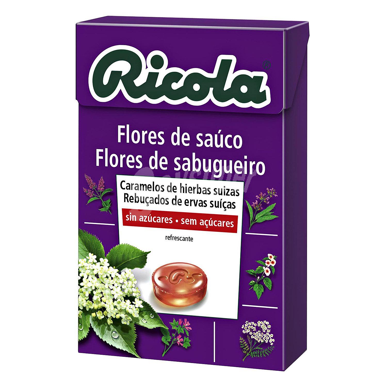 Caramelos de hierbas suizas, sin azúcar, con sabor a flor de saúco y efecto refrescante