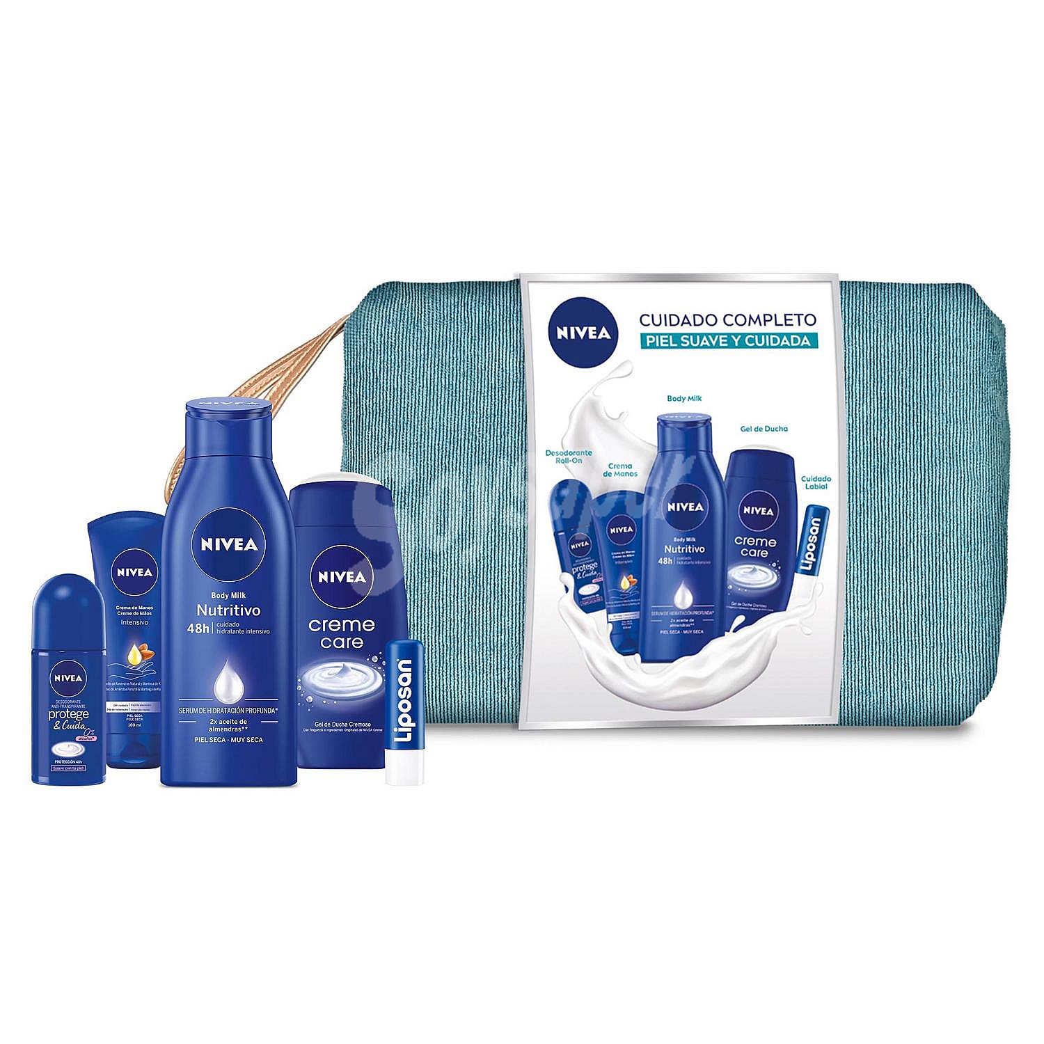 Pack Nivea Body: loción corporal nutritivo 400 ml, crema de manos intensivo 100 ml, desodorante roll-on Protege & Cuida 50 ml, gel de ducha Creme Care y bálsamo labial Liposan 1 ud.