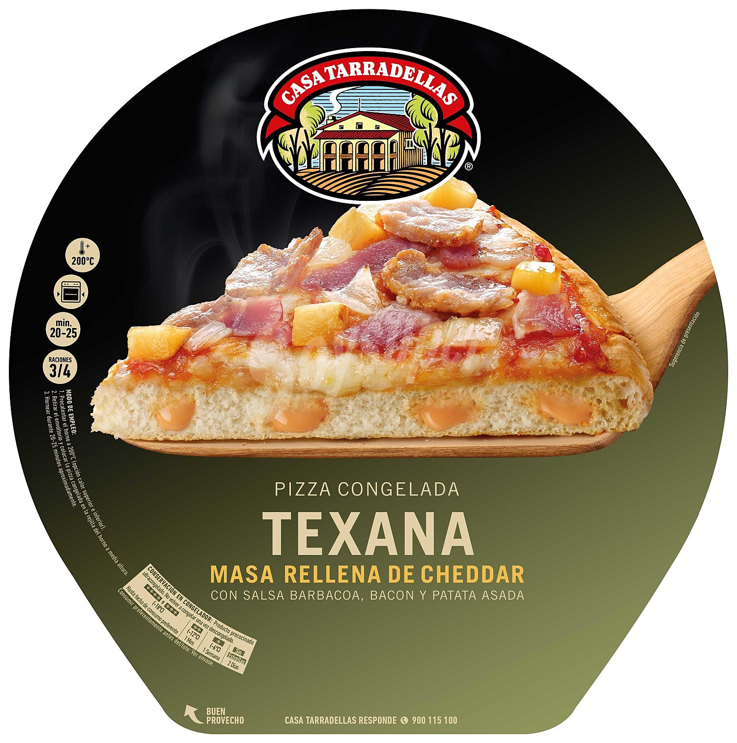 Pizza congelada de bacon, patata asada, salsa barbacoa y com masa rellena de Cheddar texana