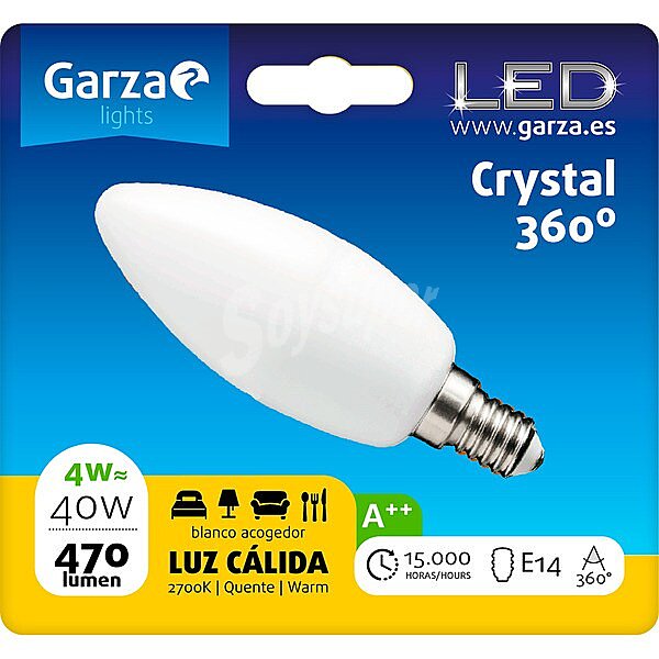 Bombilla led Crystal 360º Vela 4W (40W) luz cálida casquillo E14