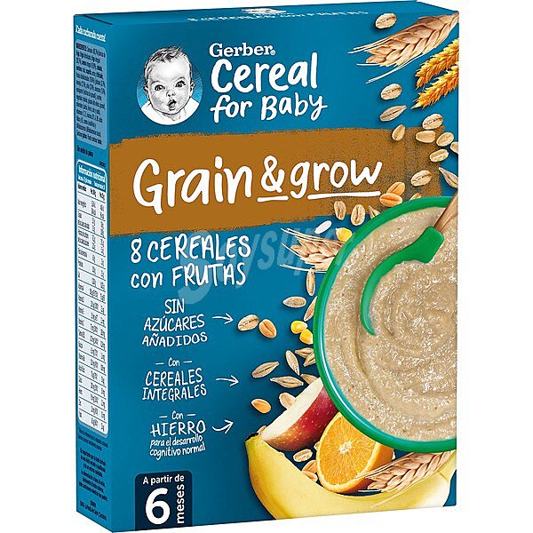 Grain & grow papilla 8 cereales con frutas sin azúcares con cereales integrales caja 250 g a partir de 6 meses