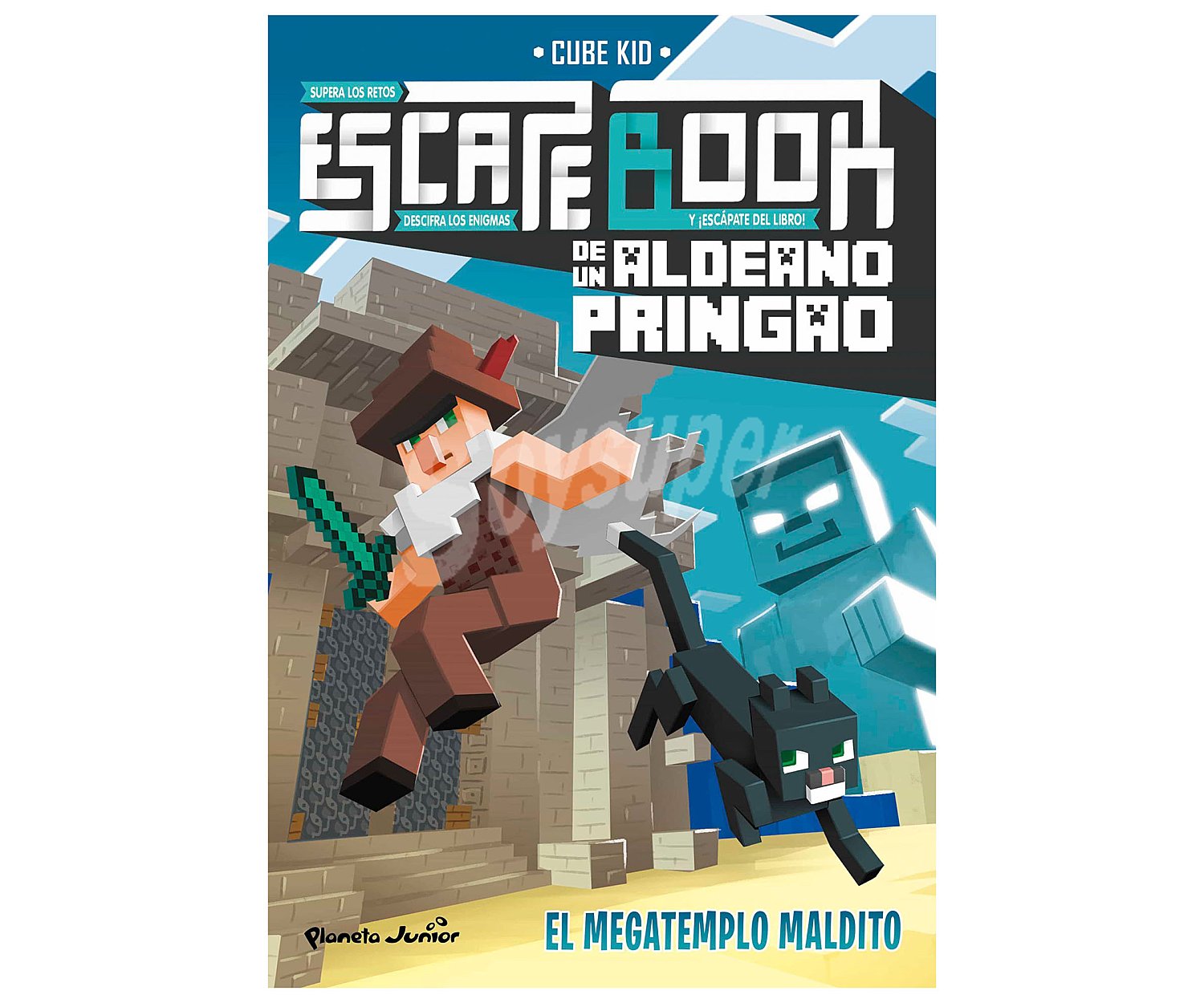 Escape Book de un aldeano pringao, El megatemplo maldito, cube kid. Género: infantil, acertijos. Editorial Planeta Junior