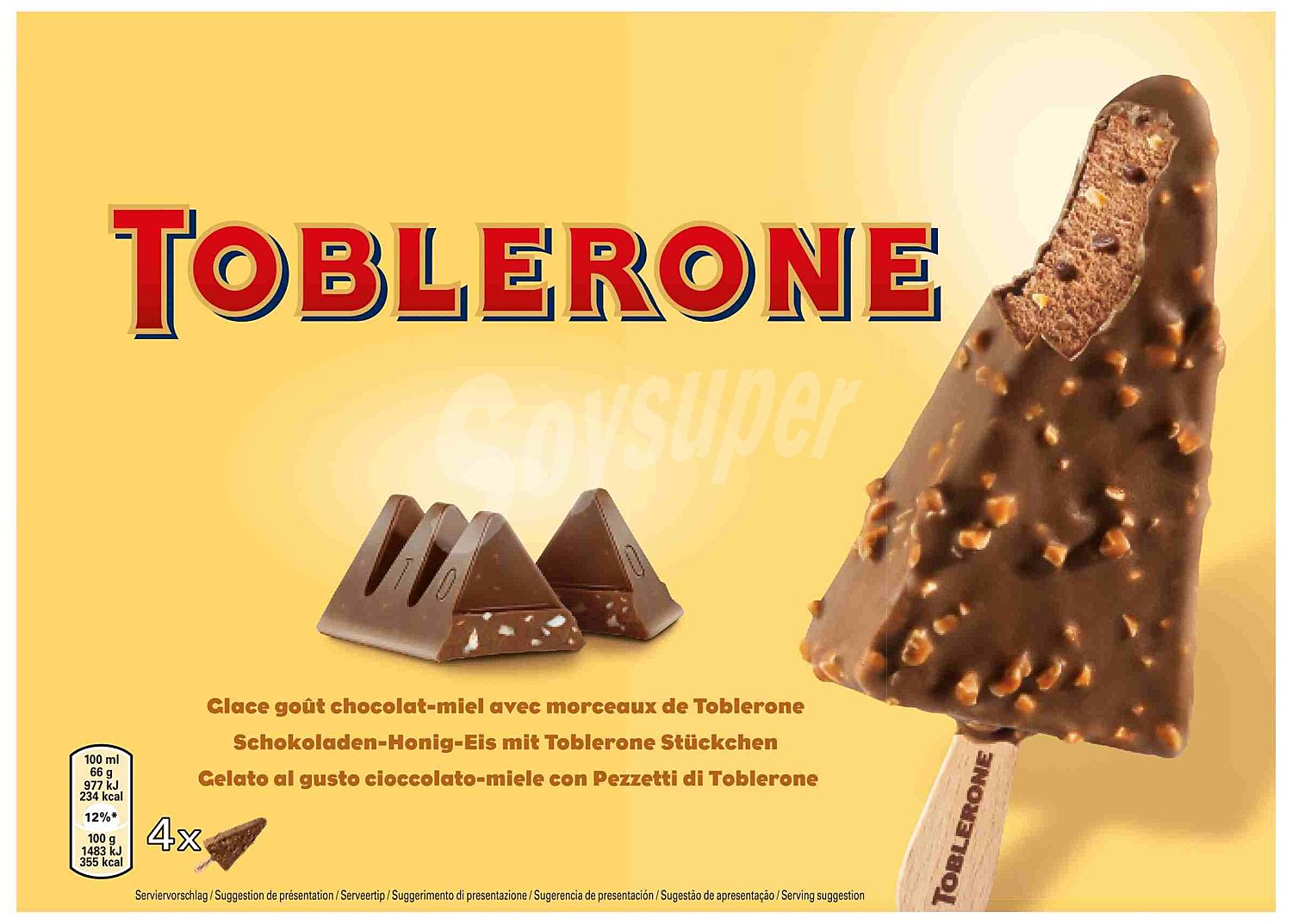 Bombón helado con cobertura crujiente sabor Toblerone 4 unidades