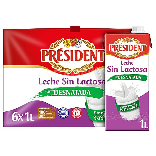 President Leche de vaca desnatada y sin lactosa de origen 100% española president