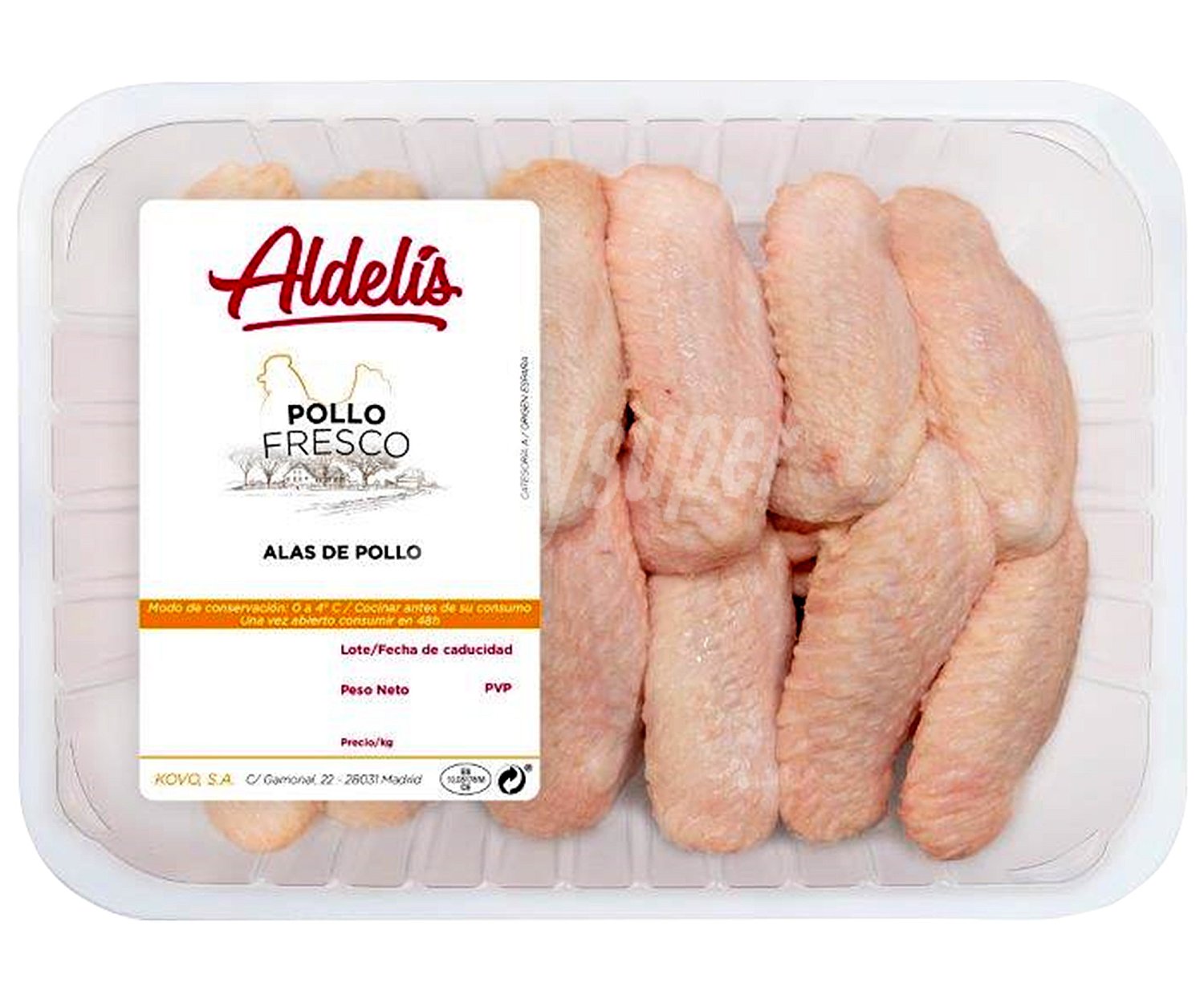 Bandeja de alas de pollo, enteras y con piel