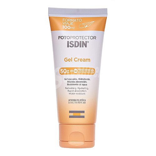 Isdin Fotoprotector Gel Cream SPF 50+ refrescante, formato viaje, hidratante, rápida absorción, resistente al agua