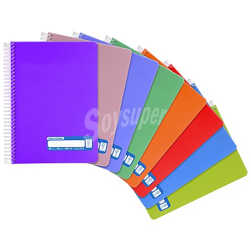 Cuaderno A5 con cubiertas de PP en colores surtidos y espiral plástica, interior de 80 hojas de con pauta de 3,5mm, grafoplas