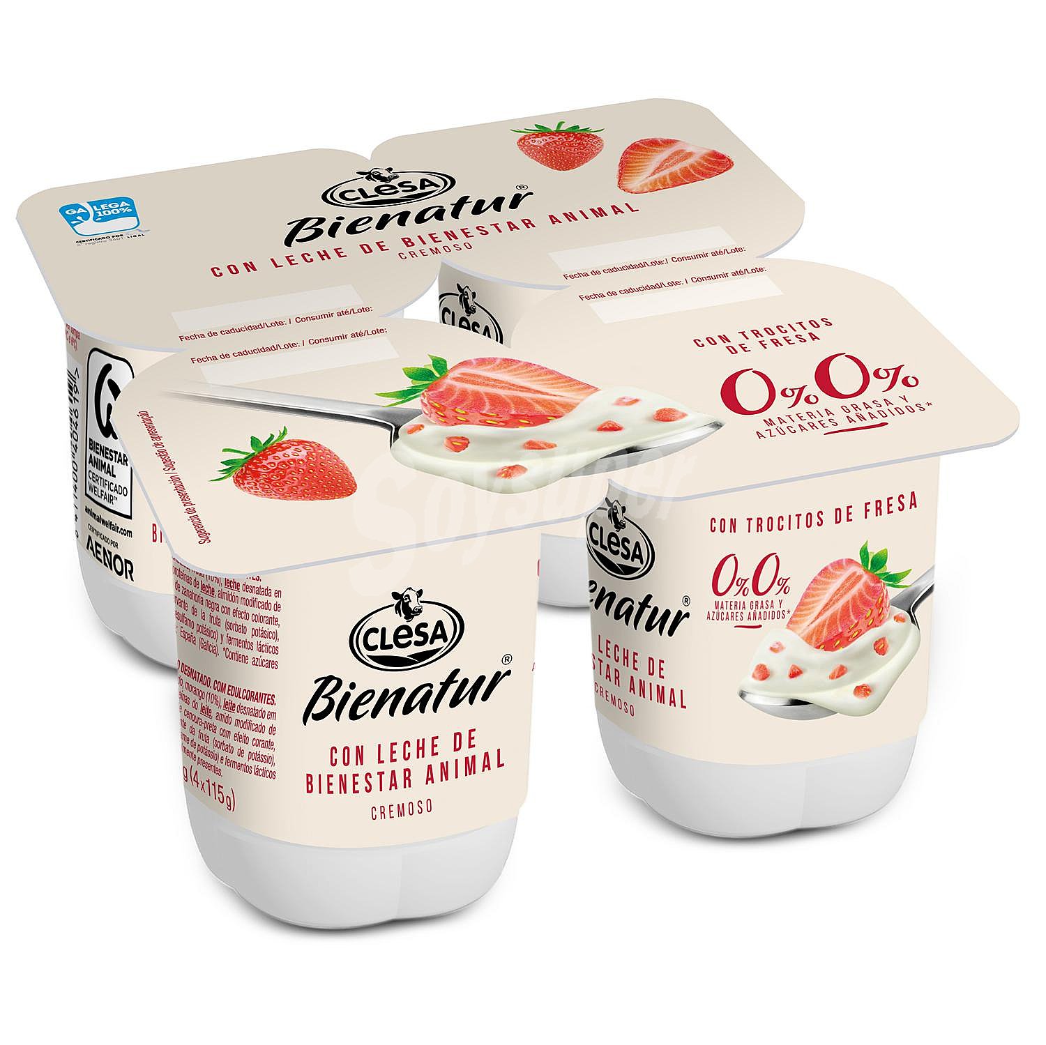 Yogur desnatado cremoso con trozos de fresa sin azúcar añadido Clesa Bienatur sin gluten