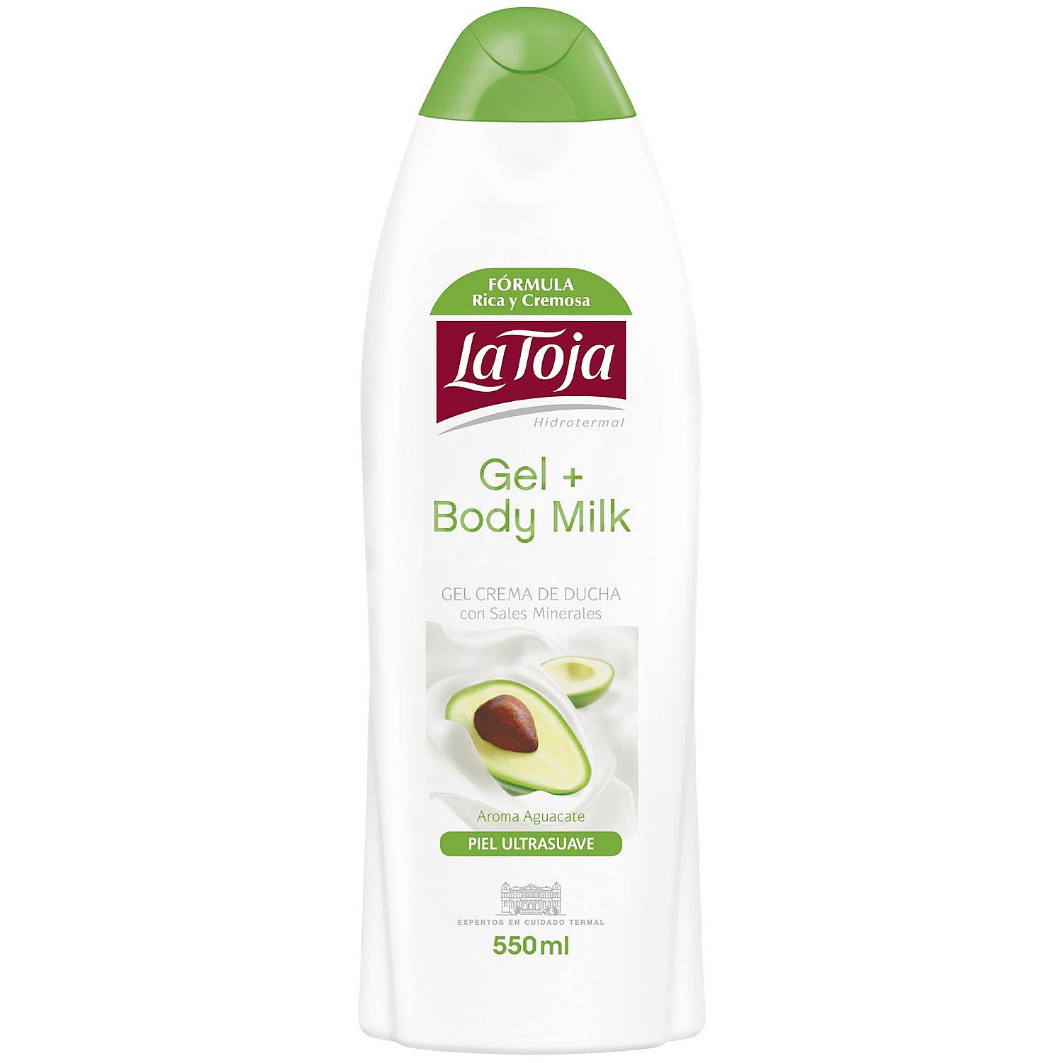 Gel y body milk en crema con sales minerales y aroma a aguacate