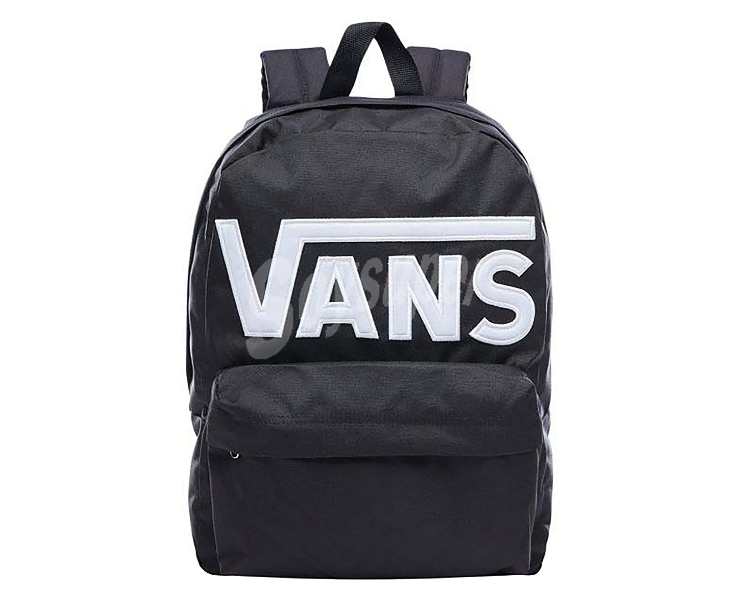 Mochila con diseño clásico de color negro con gran compartimento y bolsillo frontal, vans.