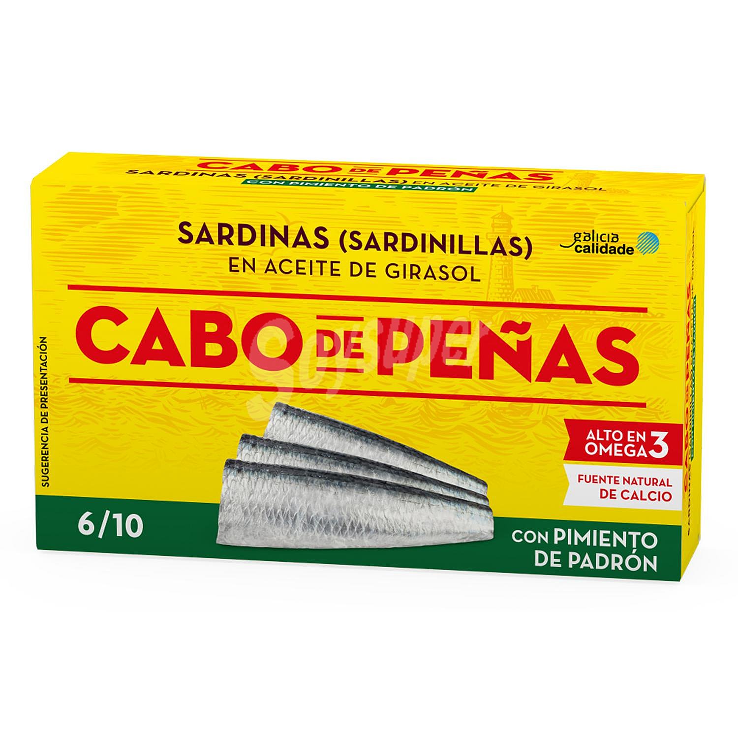 Sardinillas en aceite de girasol con pimiento de padrón Cabo de Peñas