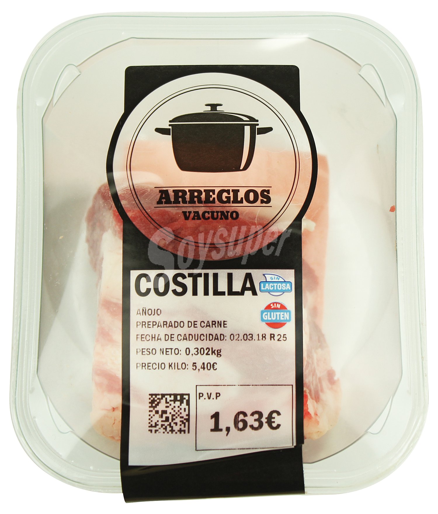 Vacuno añojo costilla trozo fresco, varios, bandeja 250 g aprox(peso aproximado de la )