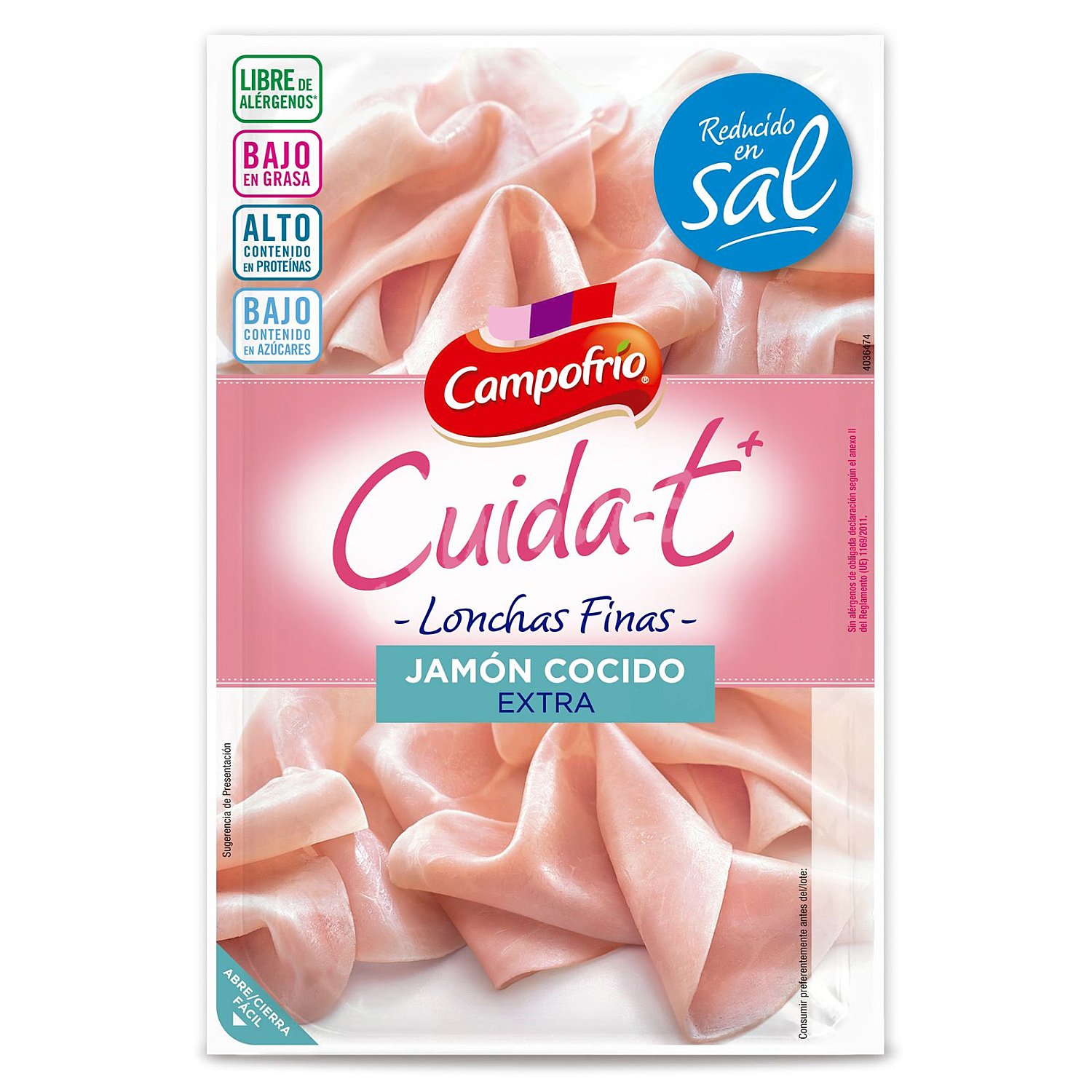 Cuida-t+ jamón cocido extra bajo en grasa reducido en sal en lonchas finas sin gluten sin lactosa