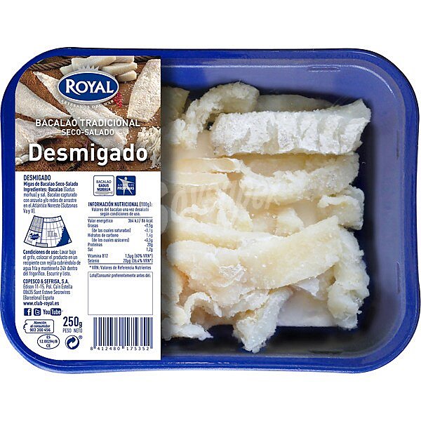 Bacalao salado desmigado bandeja 250 g