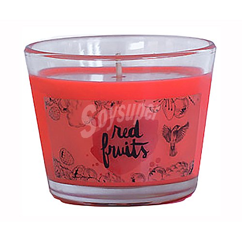 Vela perfumada frutos rojos en vaso pequeño de cristal, producto alcampo